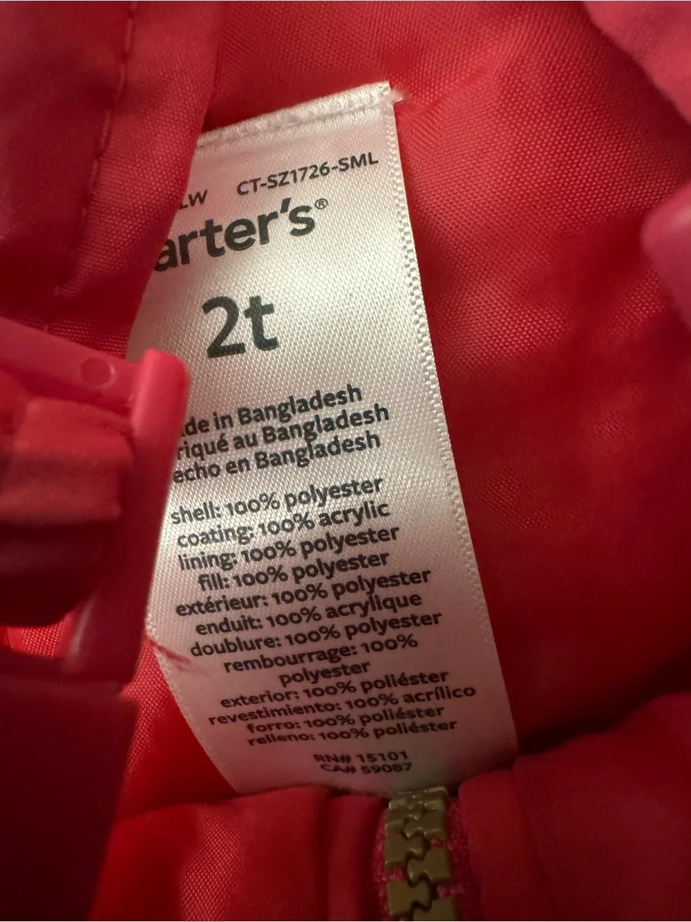 Carter’s Children's Insulated Pink Snow Ski Overalls Front Zip - Size 2T